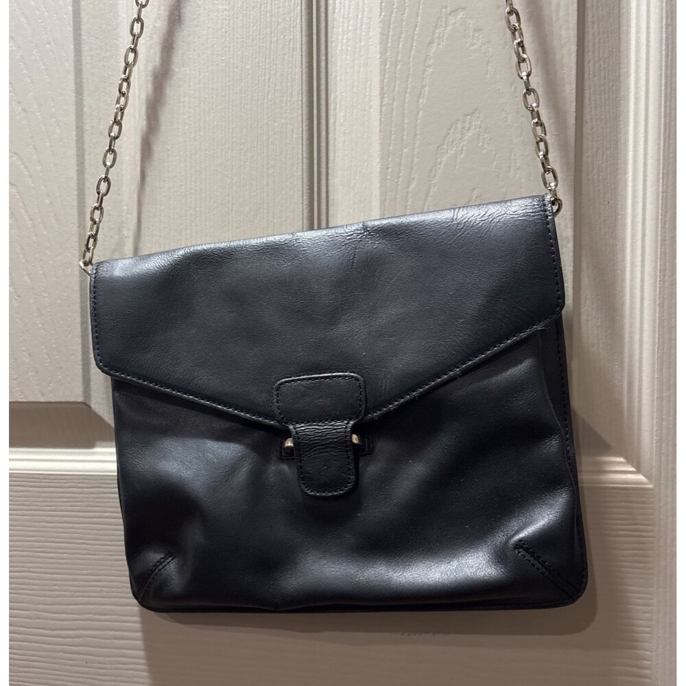 Banana Republic Black Cow Leather Envelope Clutch Crossbody Bag Silver Chain